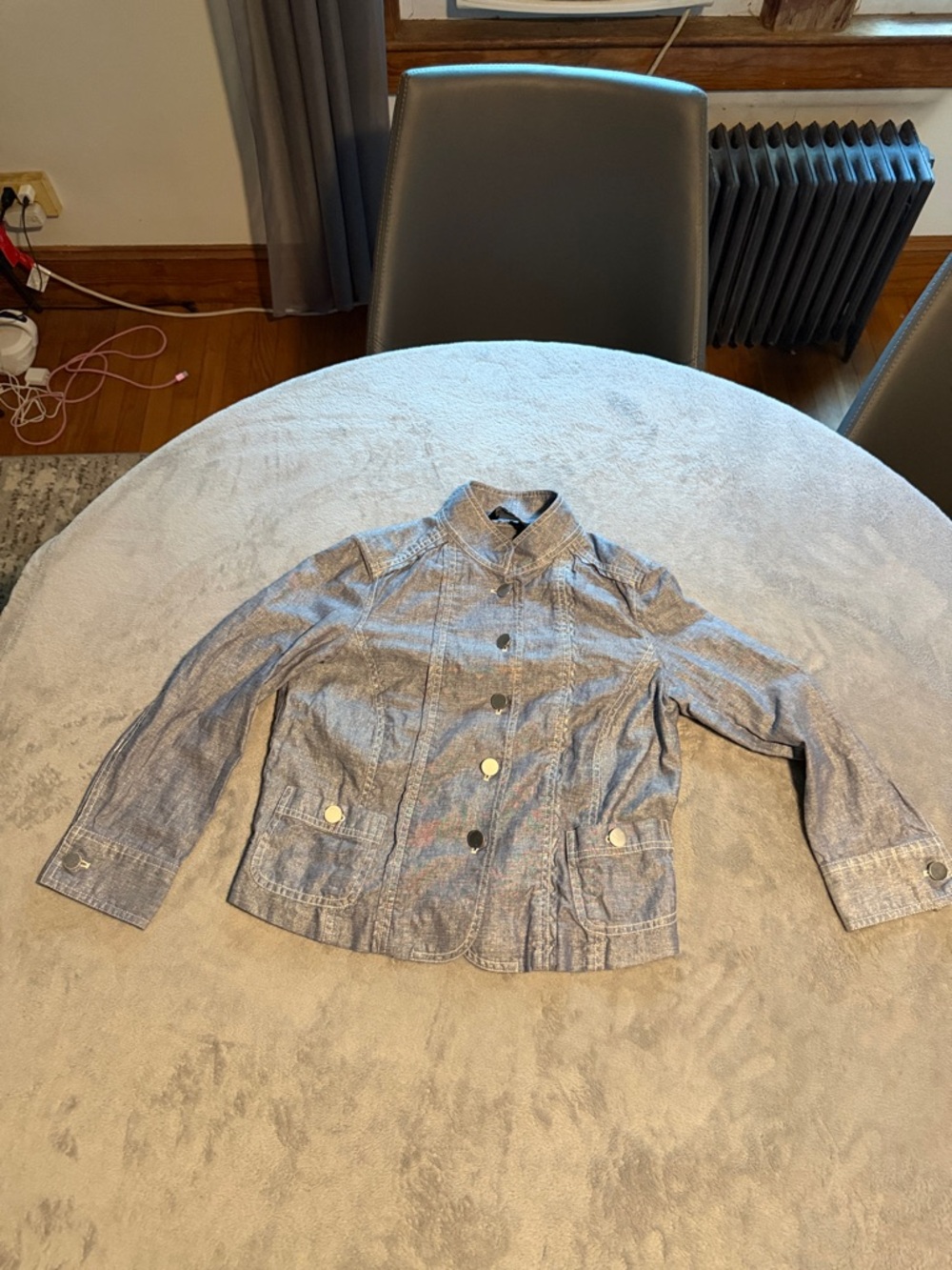Etcetera Light Silver Blue Linen/Cotton blend Jacket with Snap Front
